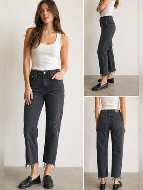 Madewell The Perfect Vintage Jean Black Distressed Straight Leg Cropped Jeans Si